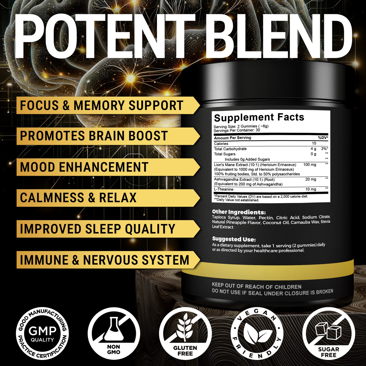 Brain Support Lion's Mane Gummies with Adaptogens for Relaxed Productivity