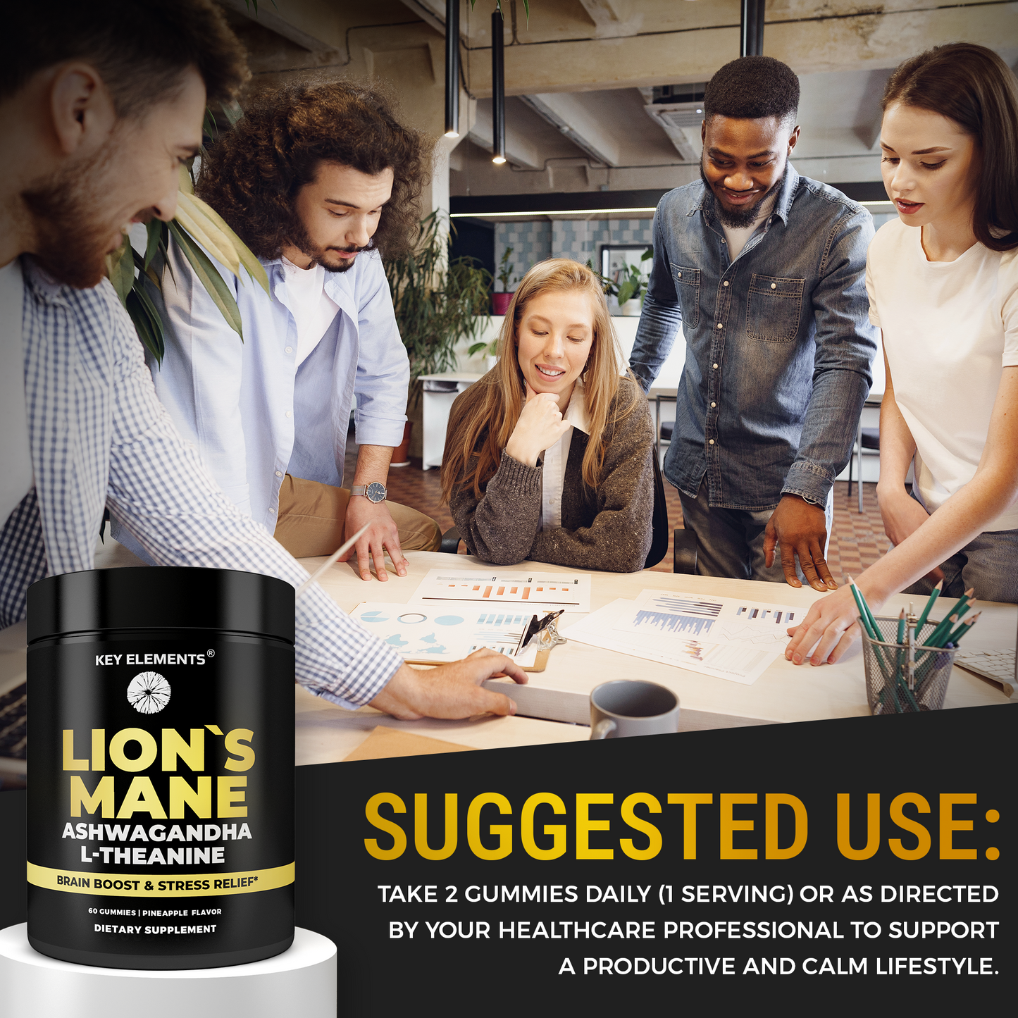 Brain Support Lion's Mane Gummies with Adaptogens for Relaxed Productivity