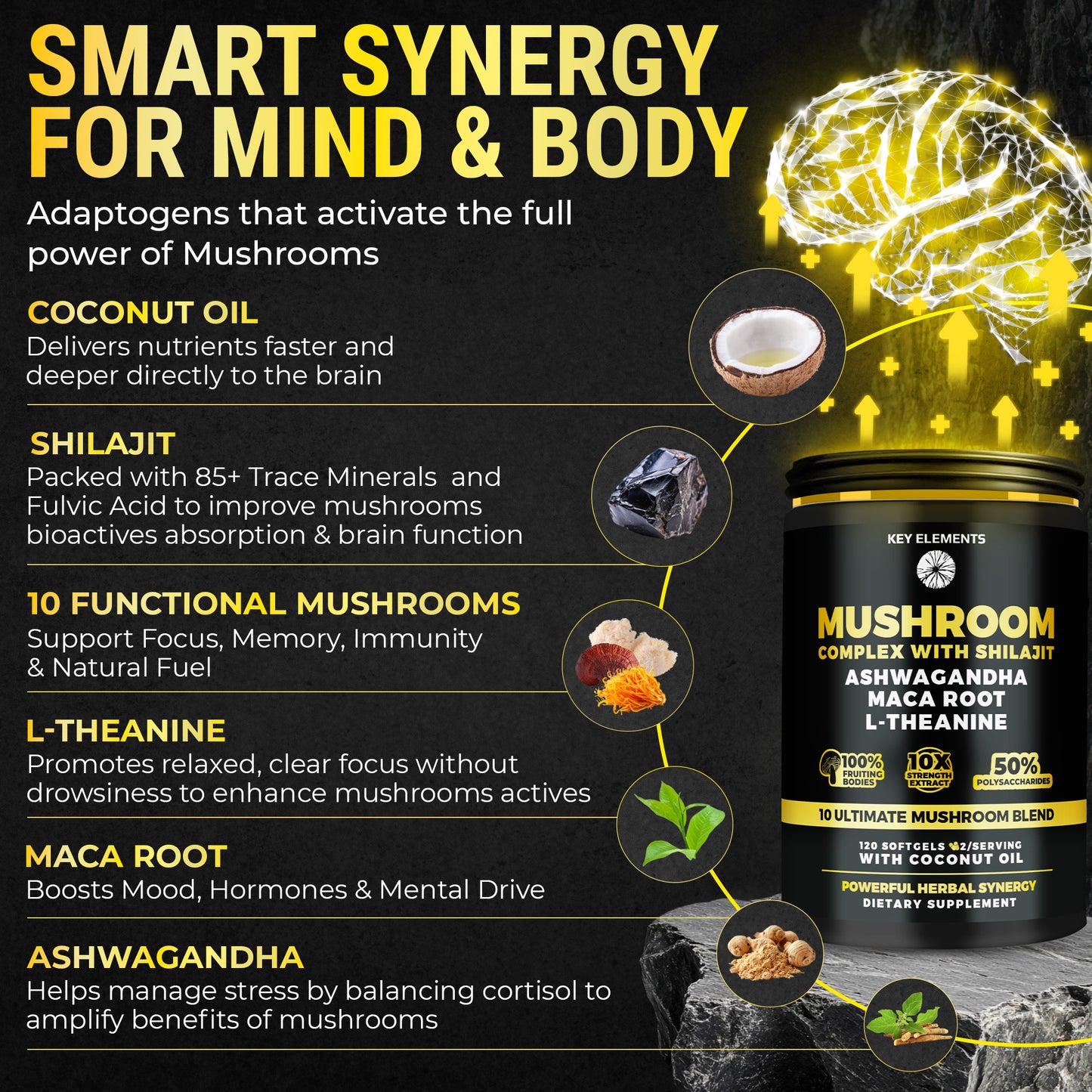 Organic Mushroom Complex with Shilajit & Coconut Oil Enhanced with Ashwagandha, L-Theanine & Maca Root - Mushroom Nootropic for Memory, Focus & Immune