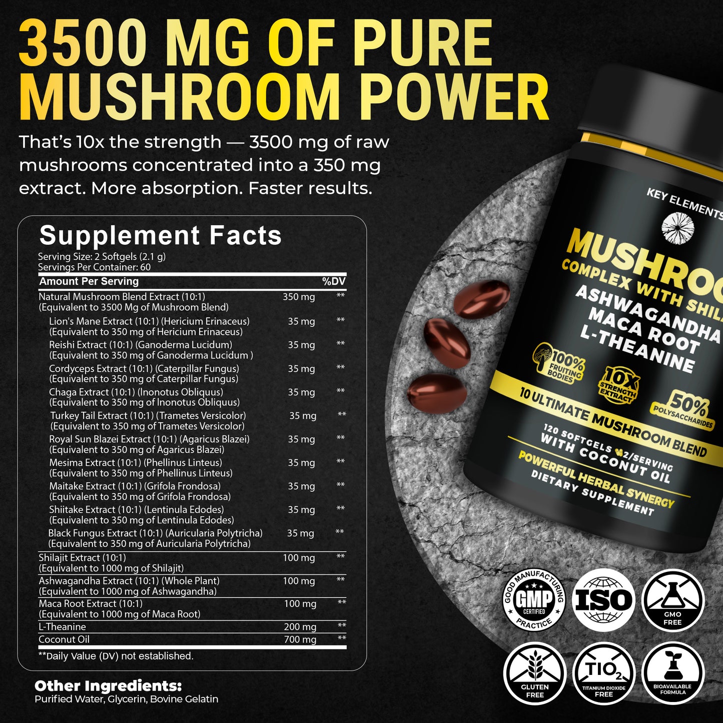 Organic Mushroom Complex with Shilajit & Coconut Oil Enhanced with Ashwagandha, L-Theanine & Maca Root - Mushroom Nootropic for Memory, Focus & Immune