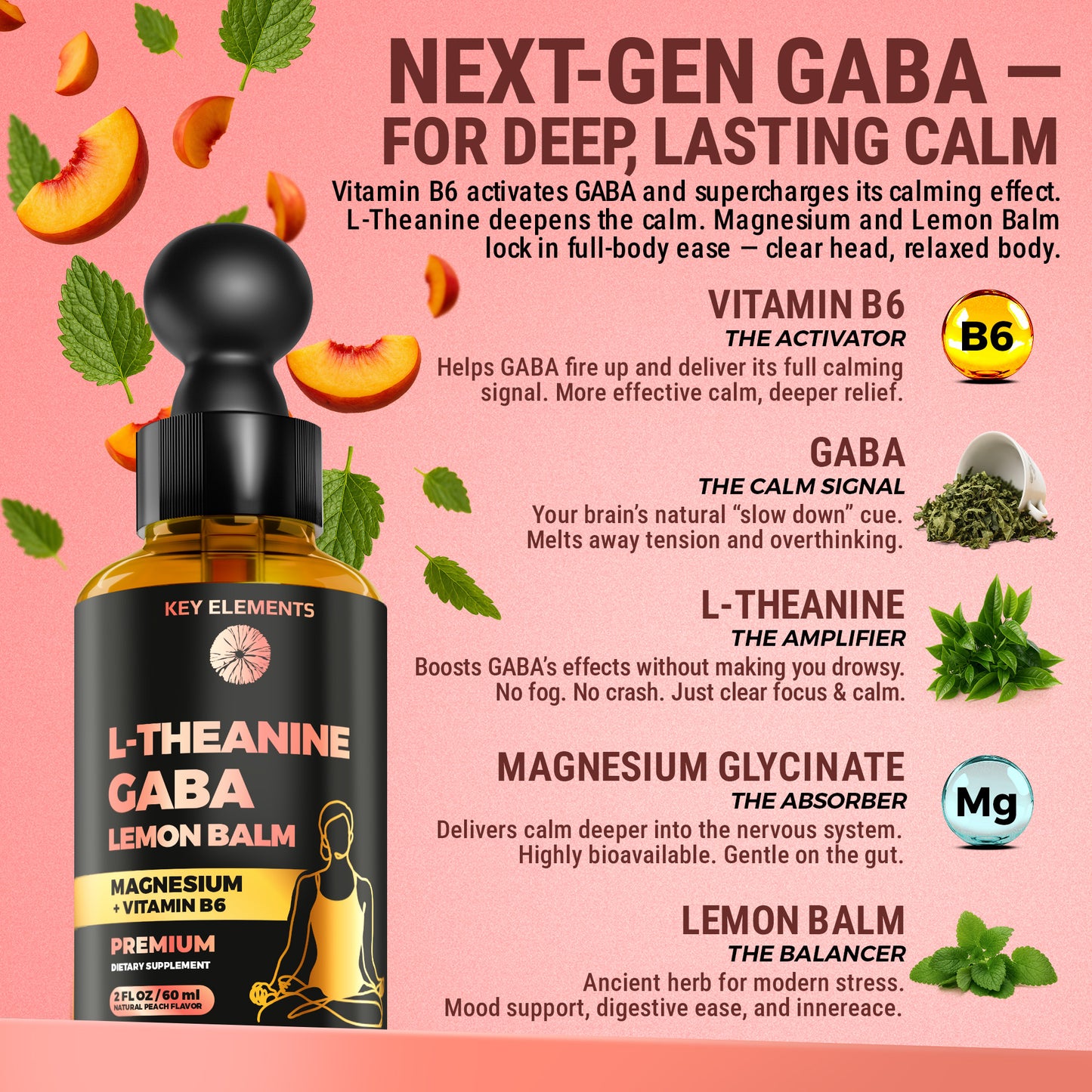 L Theanine and GABA Supplements | GABA Calming with Lemon Balm Extract, L-Theanine and Magnesium with B6 | Stress Relief & Relaxation GABA Drops