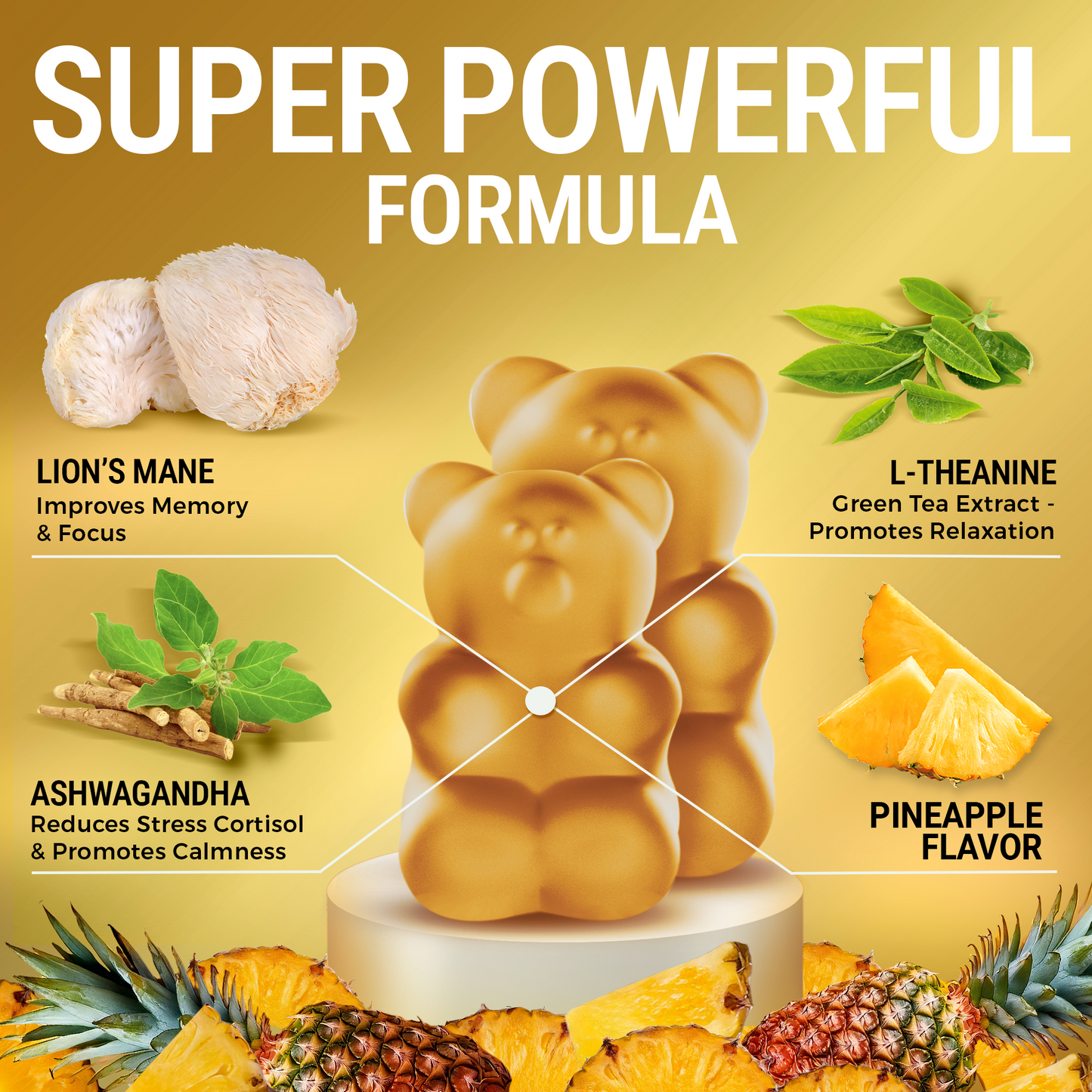 Brain Support Lion's Mane Gummies with Adaptogens for Relaxed Productivity