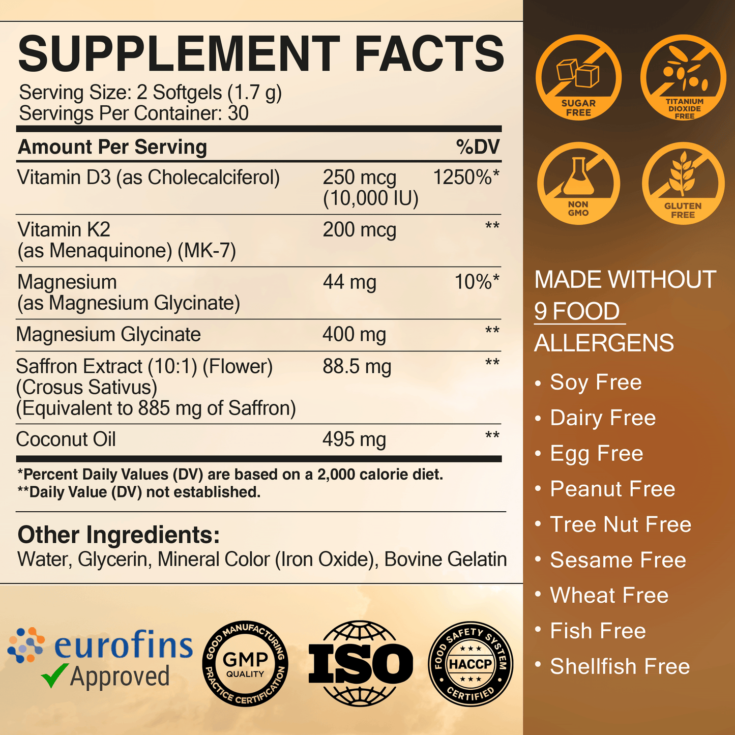 Sunny Day Vitamin D3 K2 10,000 IU with Magnesium Glycinate 400mg & Saffron 88.5mg - Mood, Immune, Bone Health