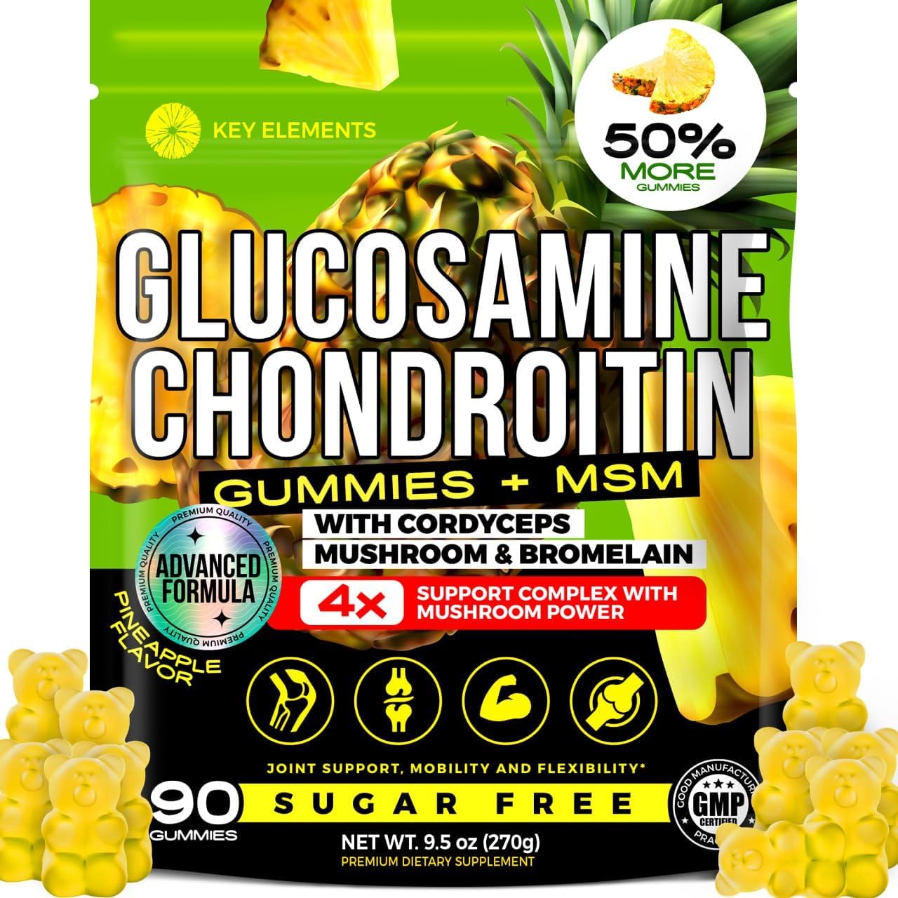 Sugar Free Glucosamine Chondroitin Gummies with MSM - Advanced Joint Support Supplement with Cordyceps Mushroom, Bromelain & More