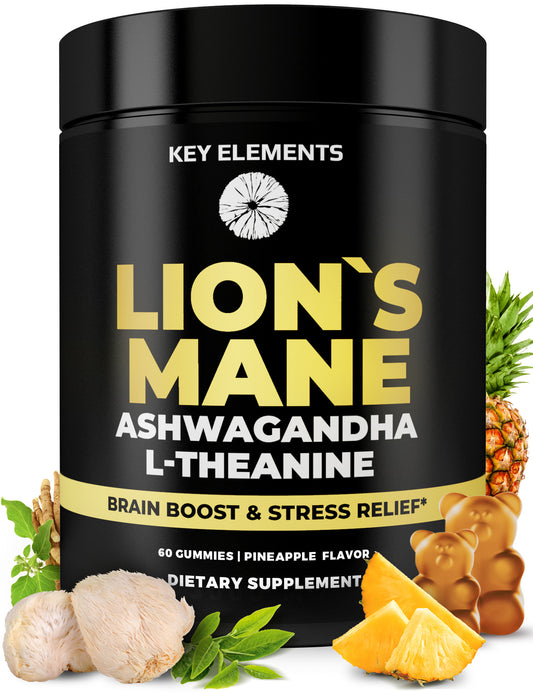 Organic Lion's Mane Mushroom Gummies with Ashwagandha & L-Theanine For Brain and Relaxation - Lion's Mane Brain Supplements for Memory