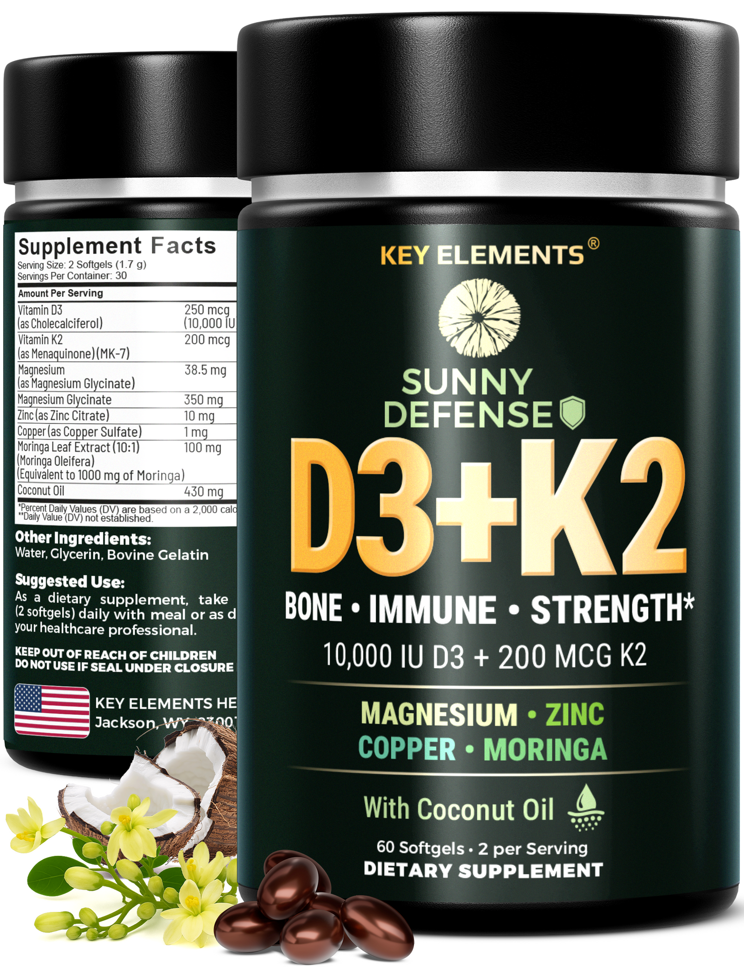 Sunny Defense D3 K2 Vitamin 10,000 IU with Magnesium Glycinate 350mg, Zinc and Moringa