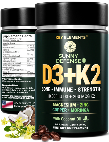 Sunny Defense D3 K2 Vitamin 10,000 IU with Magnesium Glycinate 350mg, Zinc and Moringa