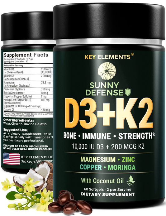 Sunny Defense D3 K2 Vitamin 10,000 IU with Magnesium Glycinate 350mg, Zinc and Moringa