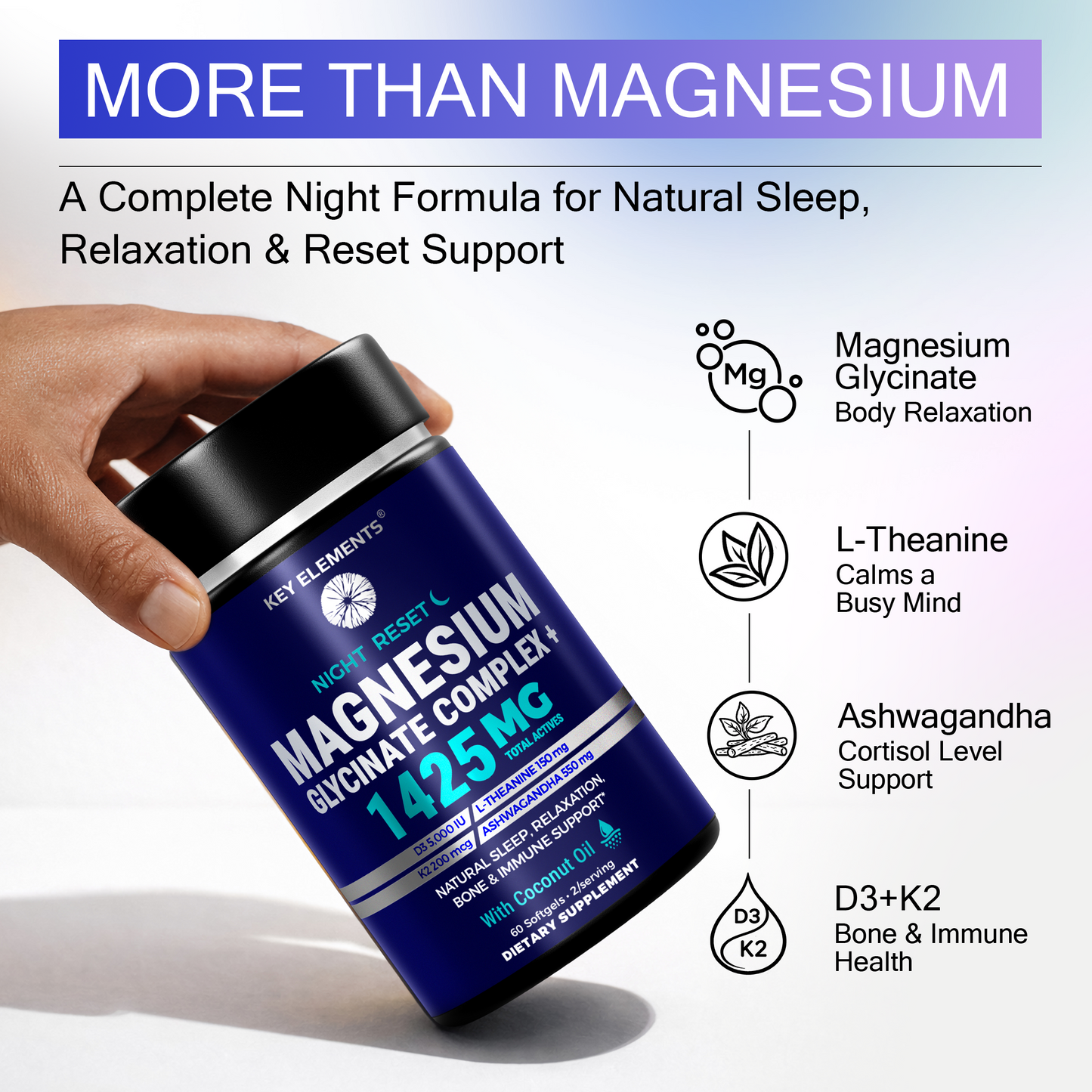 Night Reset Magnesium Glycinate Complex with Vitamin D3 5000 IU & K2 MK-7 200mcg for Sleep, Relax & Bone Health