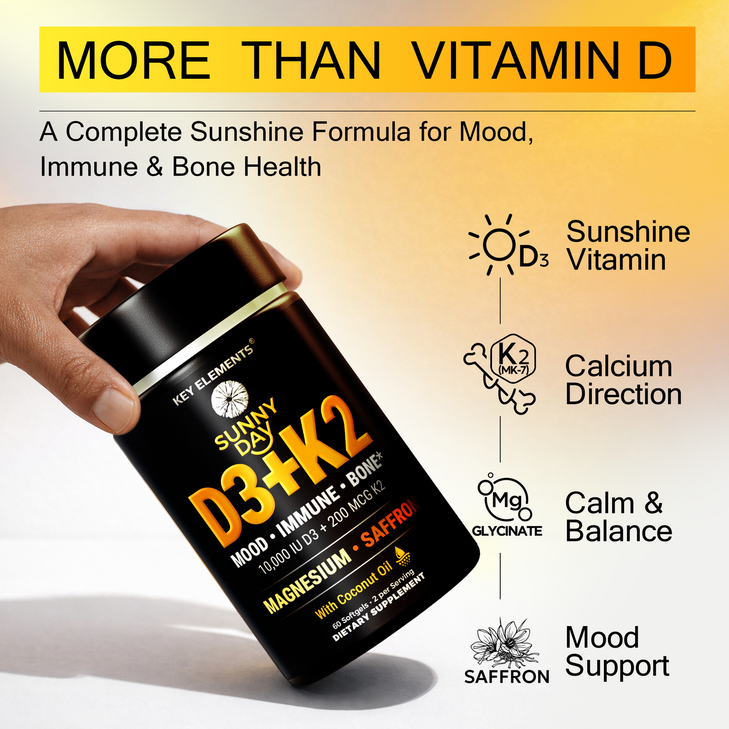 Sunny Day Vitamin D3 K2 10,000 IU with Magnesium Glycinate 400mg & Saffron 88.5mg - Mood, Immune, Bone Health