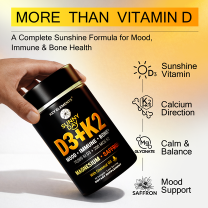 Sunny Day Vitamin D3 K2 10,000 IU with Magnesium Glycinate 400mg & Saffron 88.5mg - Mood, Immune, Bone Health