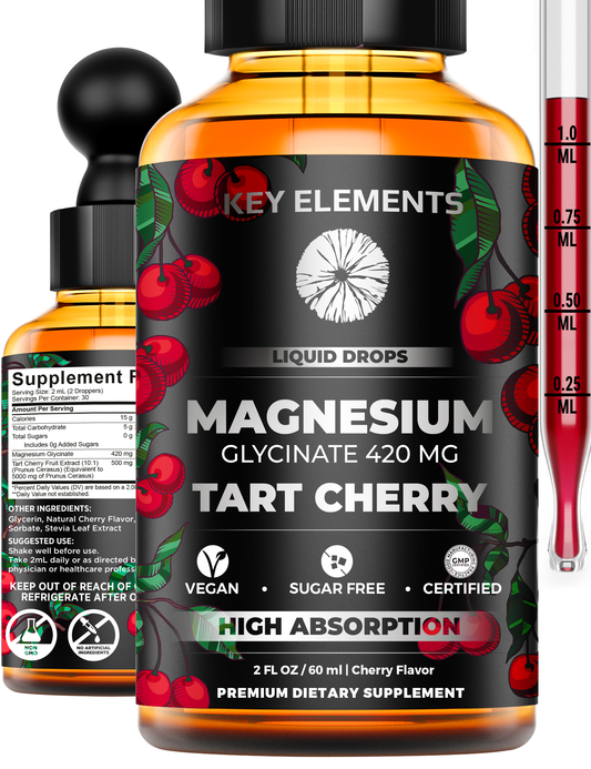 Magnesium Glycinate Liquid Drops with Natural Tart Cherry Extract for Sleep, Joint & Muscle Support