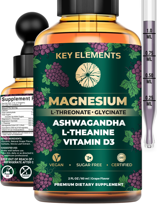 Liquid Magnesium Glycinate and Magnesium L-Threonate with Ashwagandha, L-Theanine, Vitamin D3 for Sleep, Brain Health & Muscle Support
