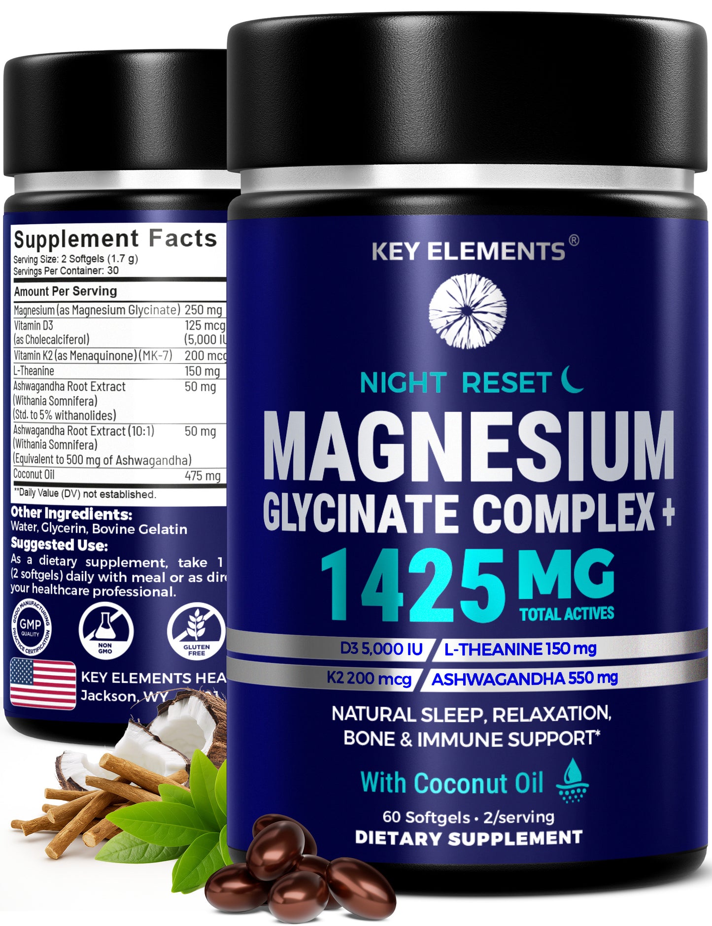 Night Reset Magnesium Glycinate Complex with Vitamin D3 5000 IU & K2 MK-7 200mcg for Sleep, Relax & Bone Health