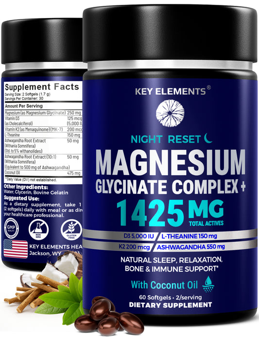 Night Reset Magnesium Glycinate Complex with Vitamin D3 5000 IU & K2 MK-7 200mcg for Sleep, Relax & Bone Health