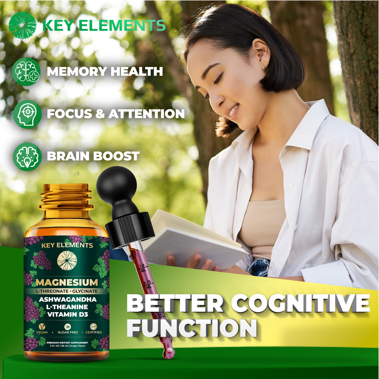 Liquid Magnesium Glycinate and Magnesium L-Threonate with Ashwagandha, L-Theanine, Vitamin D3 for Sleep, Brain Health & Muscle Support