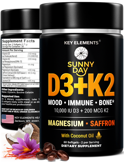Sunny Day Vitamin D3 K2 10,000 IU with Magnesium Glycinate 400mg & Saffron 88.5mg - Mood, Immune, Bone Health