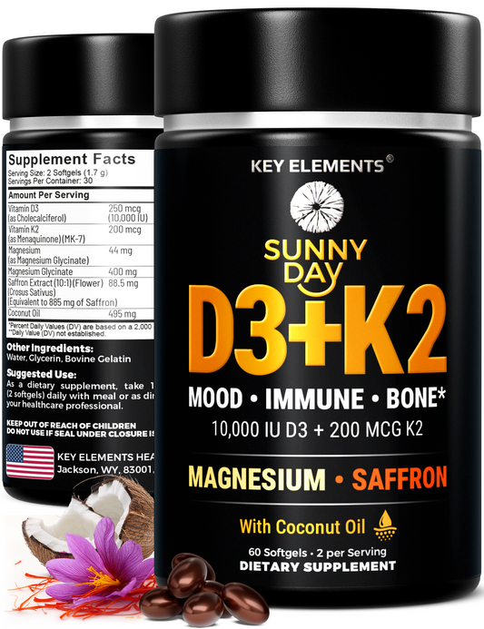 Sunny Day Vitamin D3 K2 10,000 IU with Magnesium Glycinate 400mg & Saffron 88.5mg - Mood, Immune, Bone Health