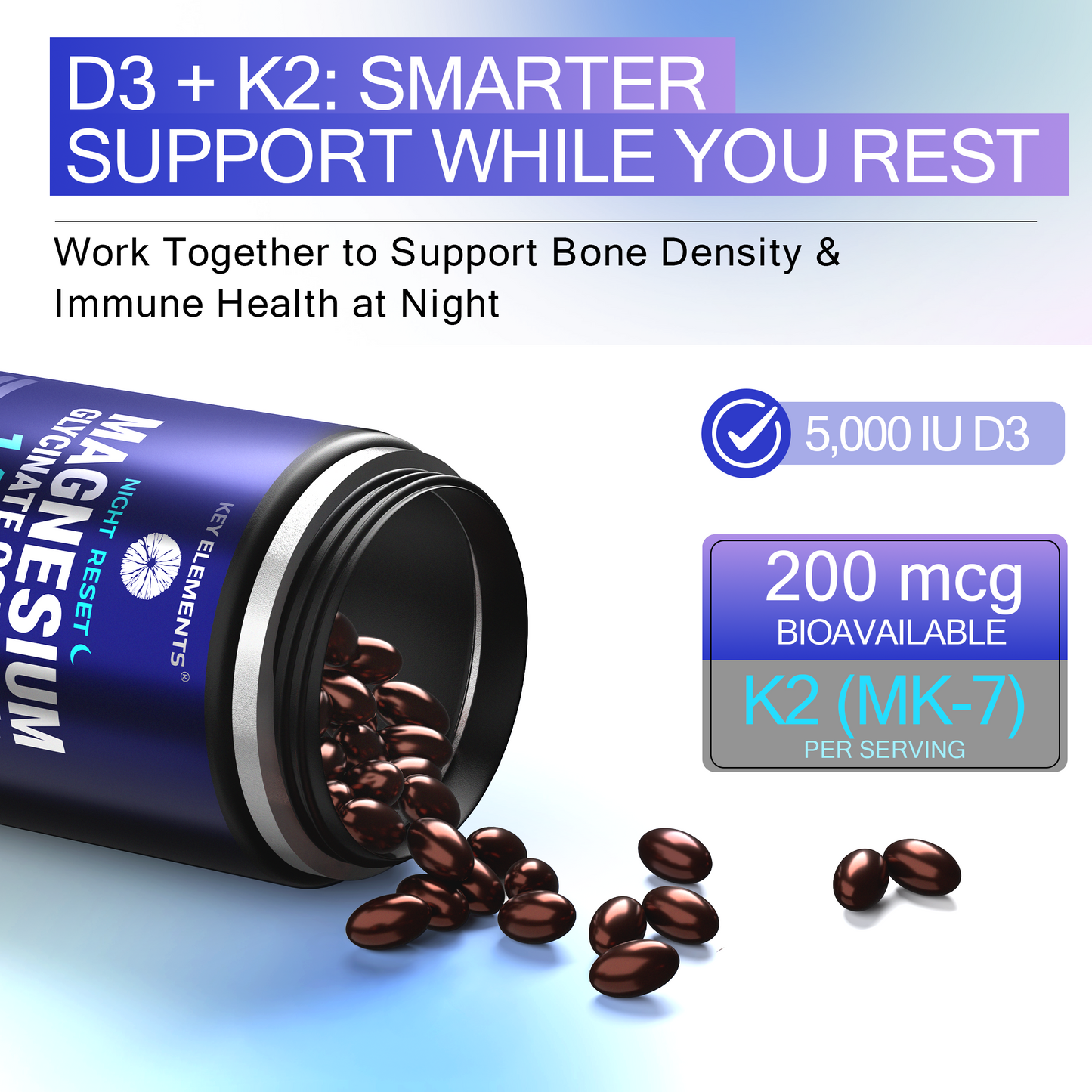 Night Reset Magnesium Glycinate Complex with Vitamin D3 5000 IU & K2 MK-7 200mcg for Sleep, Relax & Bone Health