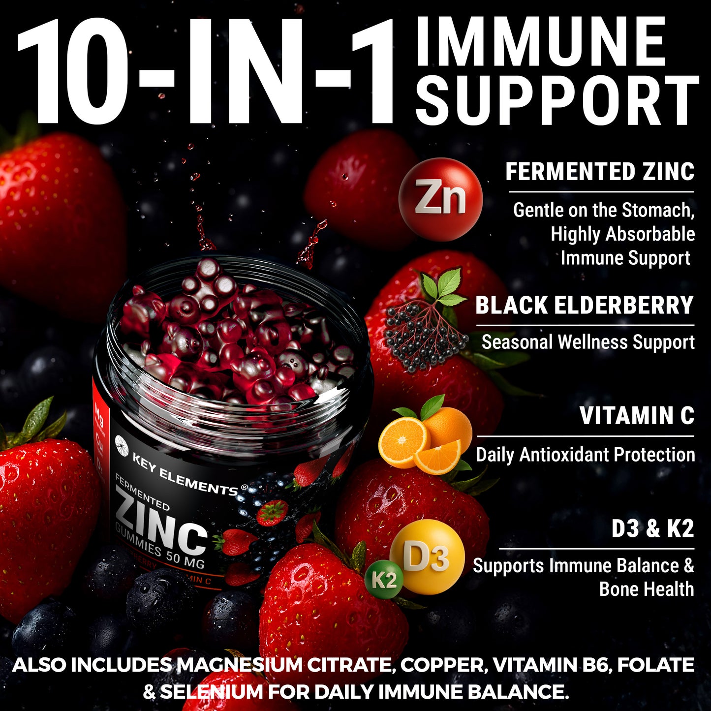 Immune Support Zinc Gummies 50mg with Elderberry Vitamin C and Zinc Supplements Natural Antioxidant