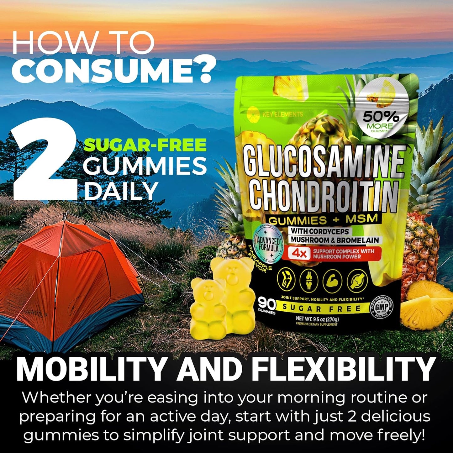 Sugar Free Glucosamine Chondroitin Gummies with MSM - Advanced Joint Support Supplement with Cordyceps Mushroom, Bromelain & More