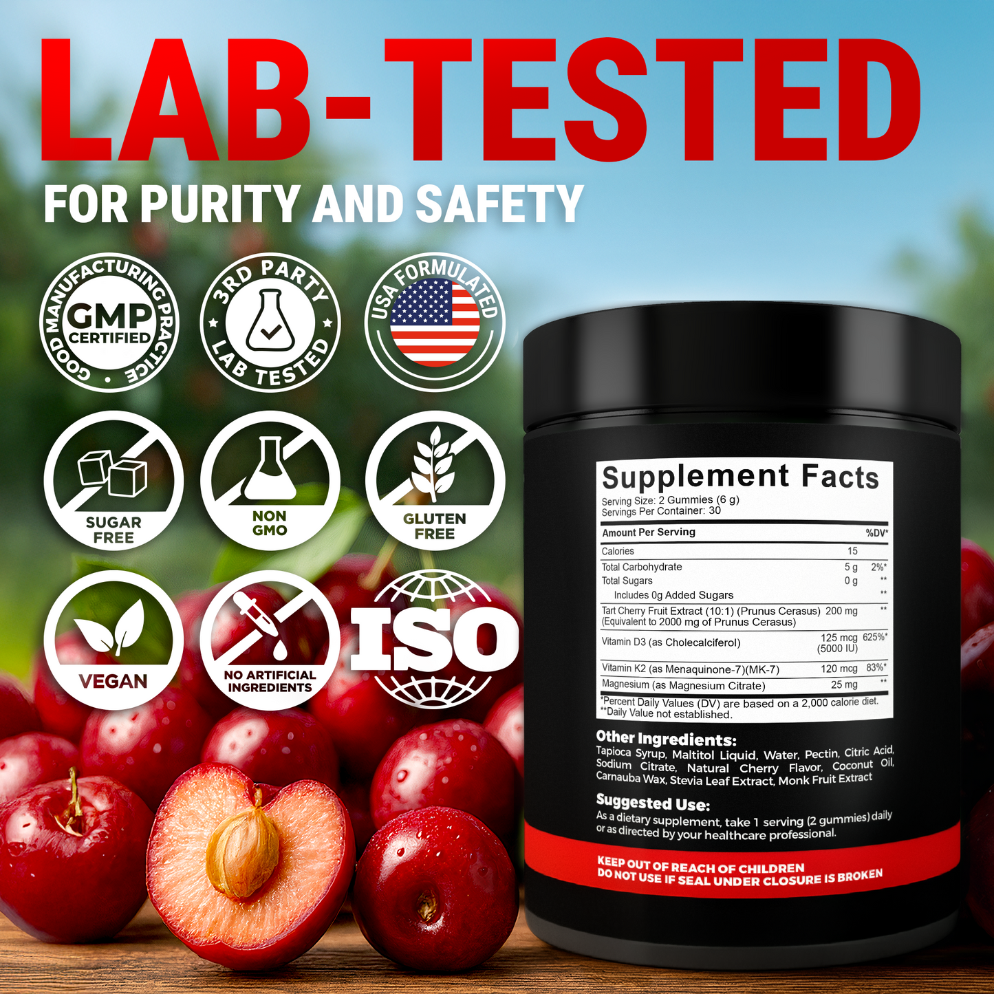 Recovery Tart Cherry Gummies with Vitamin D3 K2 5000 IU & Magnesium