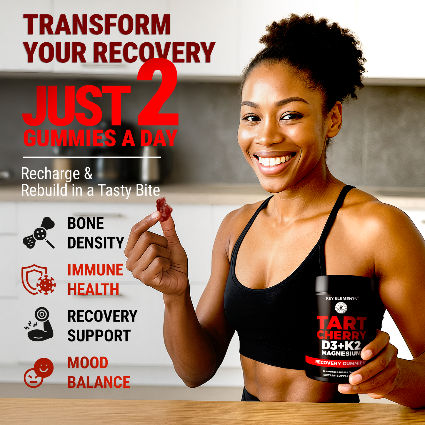 Recovery Tart Cherry Gummies with Vitamin D3 K2 5000 IU & Magnesium