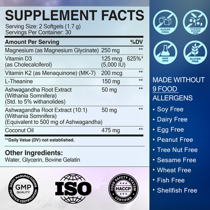 Night Reset Magnesium Glycinate Complex with Vitamin D3 5000 IU & K2 MK-7 200mcg for Sleep, Relax & Bone Health