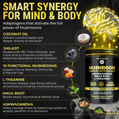 Organic Mushroom Complex with Shilajit & Coconut Oil Enhanced with Ashwagandha, L-Theanine & Maca Root - Mushroom Nootropic for Memory, Focus & Immune
