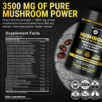 Organic Mushroom Complex with Shilajit & Coconut Oil Enhanced with Ashwagandha, L-Theanine & Maca Root - Mushroom Nootropic for Memory, Focus & Immune