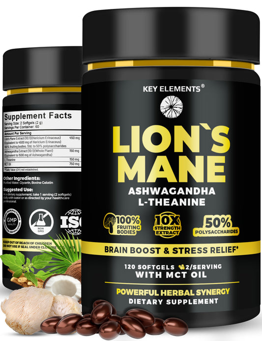 Organic Lion’s Mane Mushroom Supplement with MCT Oil, Ashwagandha & l-Theanine - Lion’s Mane Extract for Brain Support & Relaxed Focus