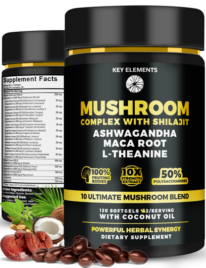 Organic Mushroom Complex with Shilajit & Coconut Oil Enhanced with Ashwagandha, L-Theanine & Maca Root - Mushroom Nootropic for Memory, Focus & Immune