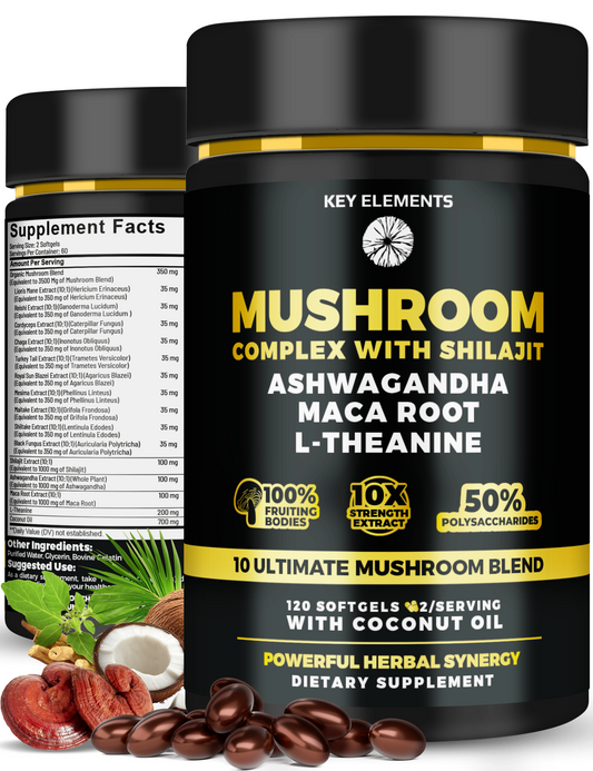 Organic Mushroom Complex with Shilajit & Coconut Oil Enhanced with Ashwagandha, L-Theanine & Maca Root - Mushroom Nootropic for Memory, Focus & Immune