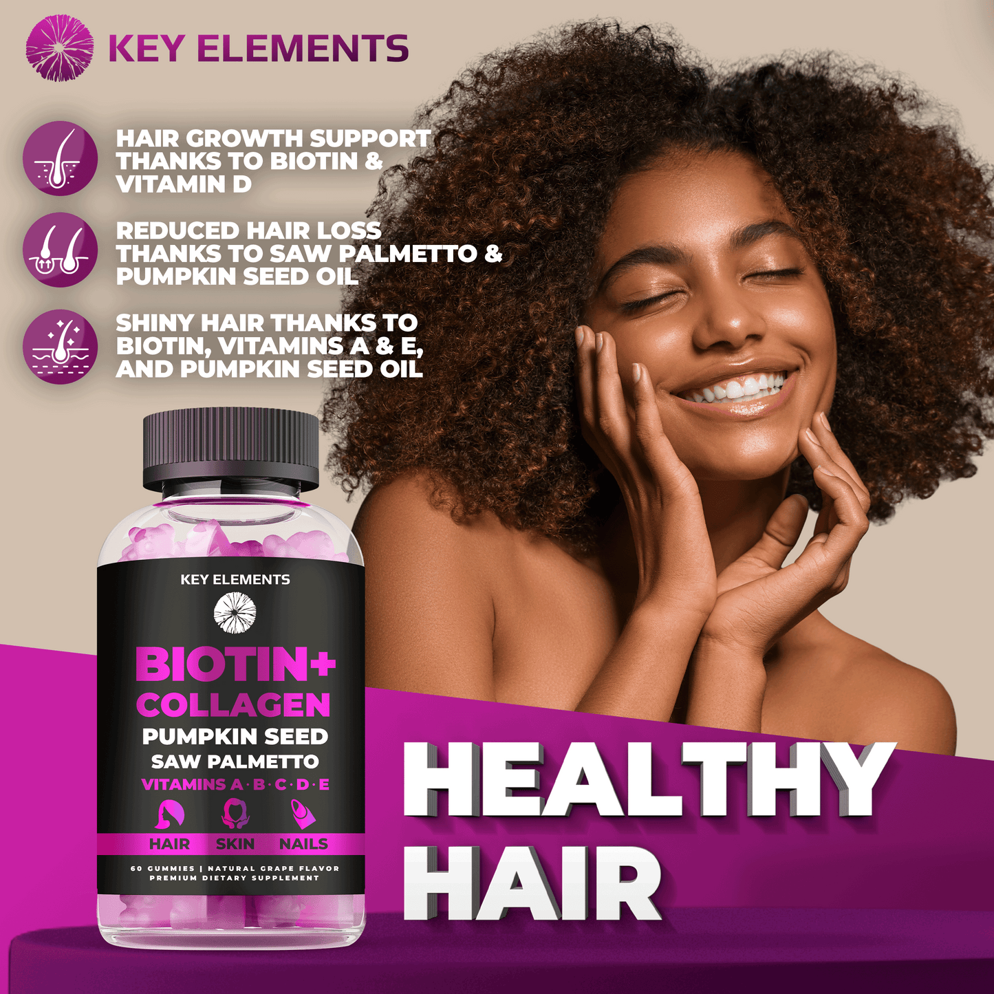 Beauty Boost Biotin Gummies with Collagen, Pumpkin Seed, Saw Palmetto & Vitamin Complex for Hair, Skin & Nails