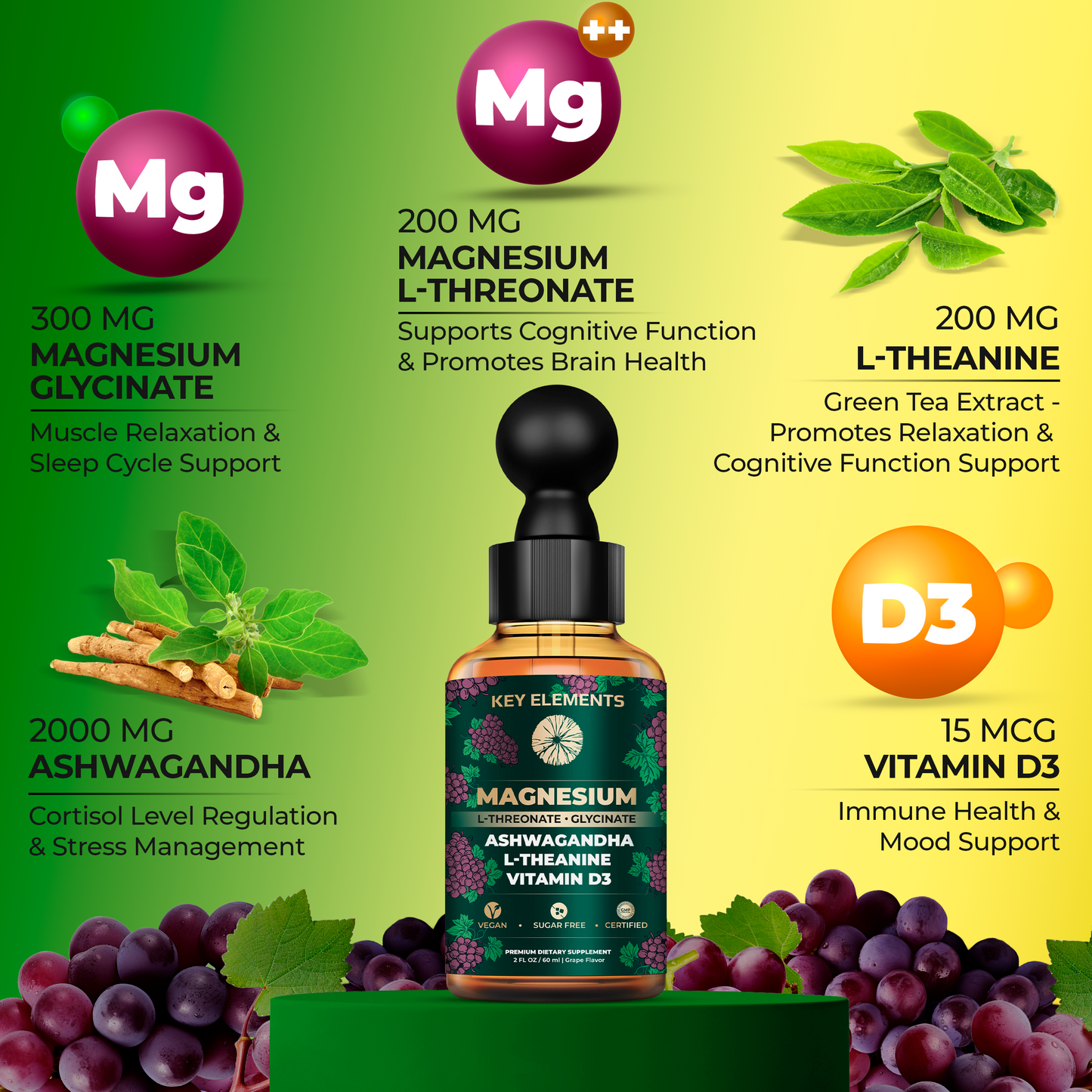 Liquid Magnesium Glycinate and Magnesium L-Threonate with Ashwagandha, L-Theanine, Vitamin D3 for Sleep, Brain Health & Muscle Support