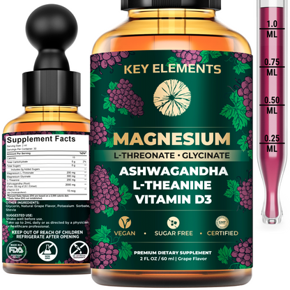 Liquid Magnesium Glycinate and Magnesium L-Threonate with Ashwagandha, L-Theanine, Vitamin D3 for Sleep, Brain Health & Muscle Support