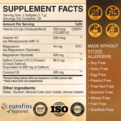 Sunny Day Vitamin D3 K2 10,000 IU with Magnesium Glycinate 400mg & Saffron 88.5mg - Mood, Immune, Bone Health