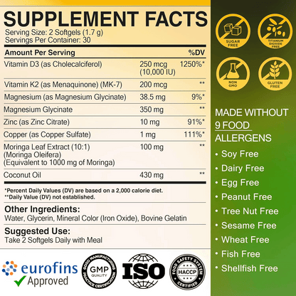 Sunny Defense D3 K2 Vitamin 10,000 IU with Magnesium Glycinate 350mg, Zinc and Moringa